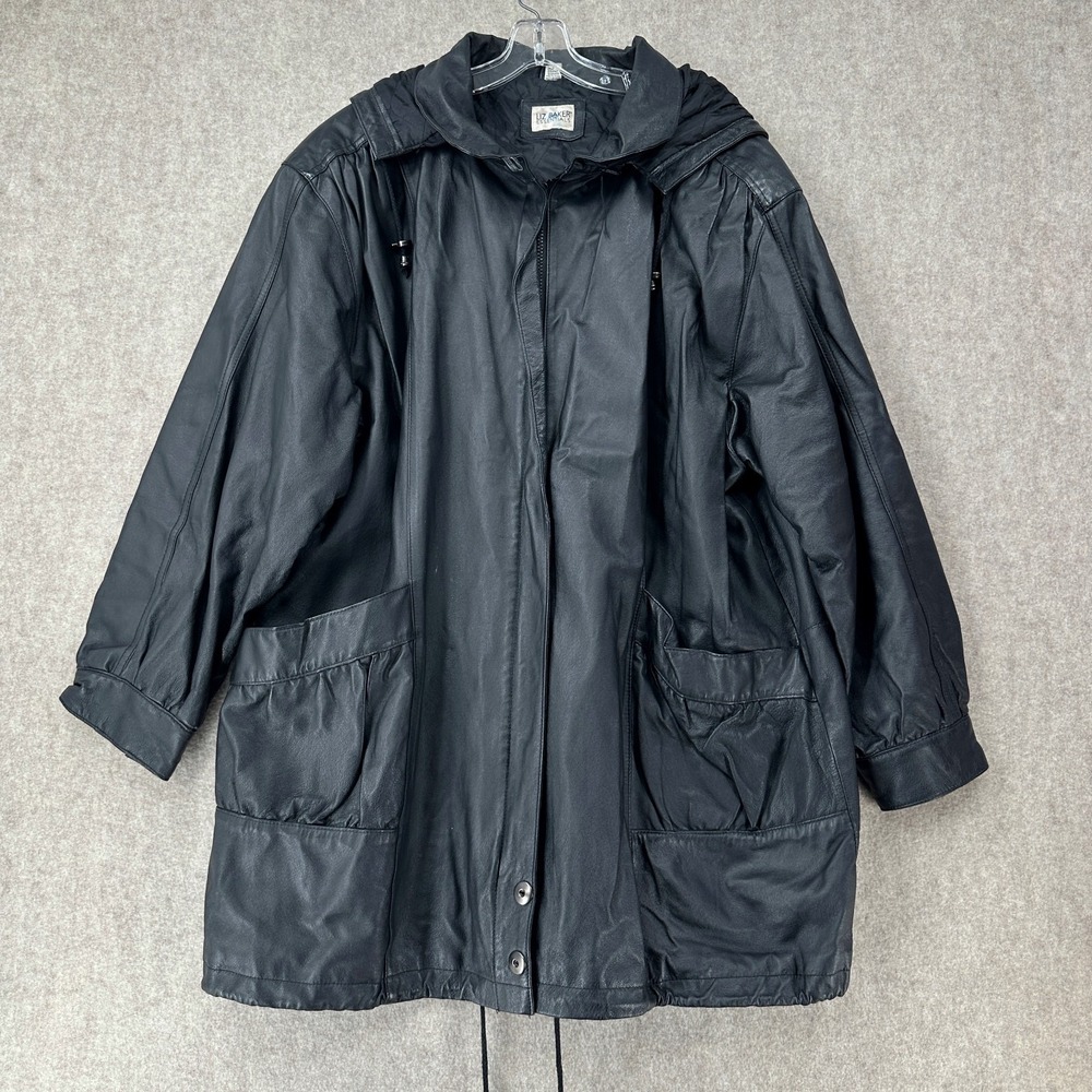 VTG 90s Liz‎ Baker Black Leather Quilted Oversized Bomber Barn Chore Jacket 2X